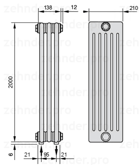 Схема (чертеж) Радиатор Zehnder Charleston 6200/3 №5310 Белый глянцевый RAL 9016